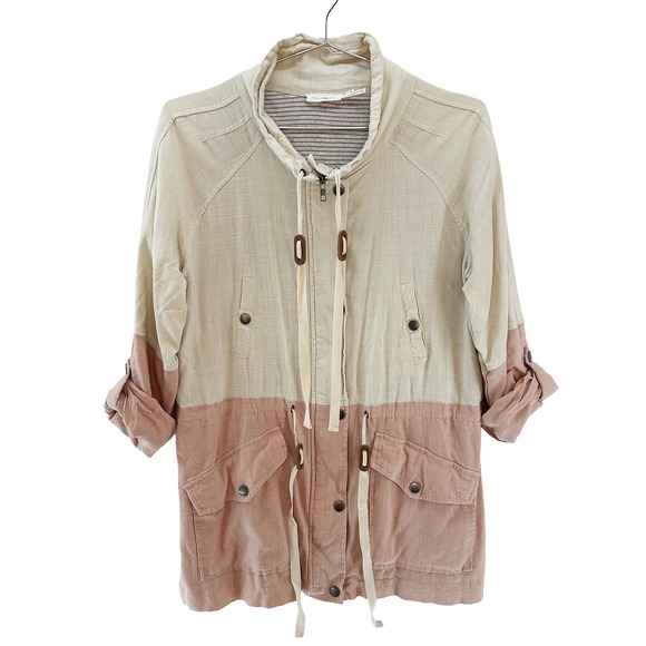 Blu Pepper Jackets & Blazers - BLU PEPPER Women's Boho Linen Colorblock Utility Jacket • Large • pink, cream